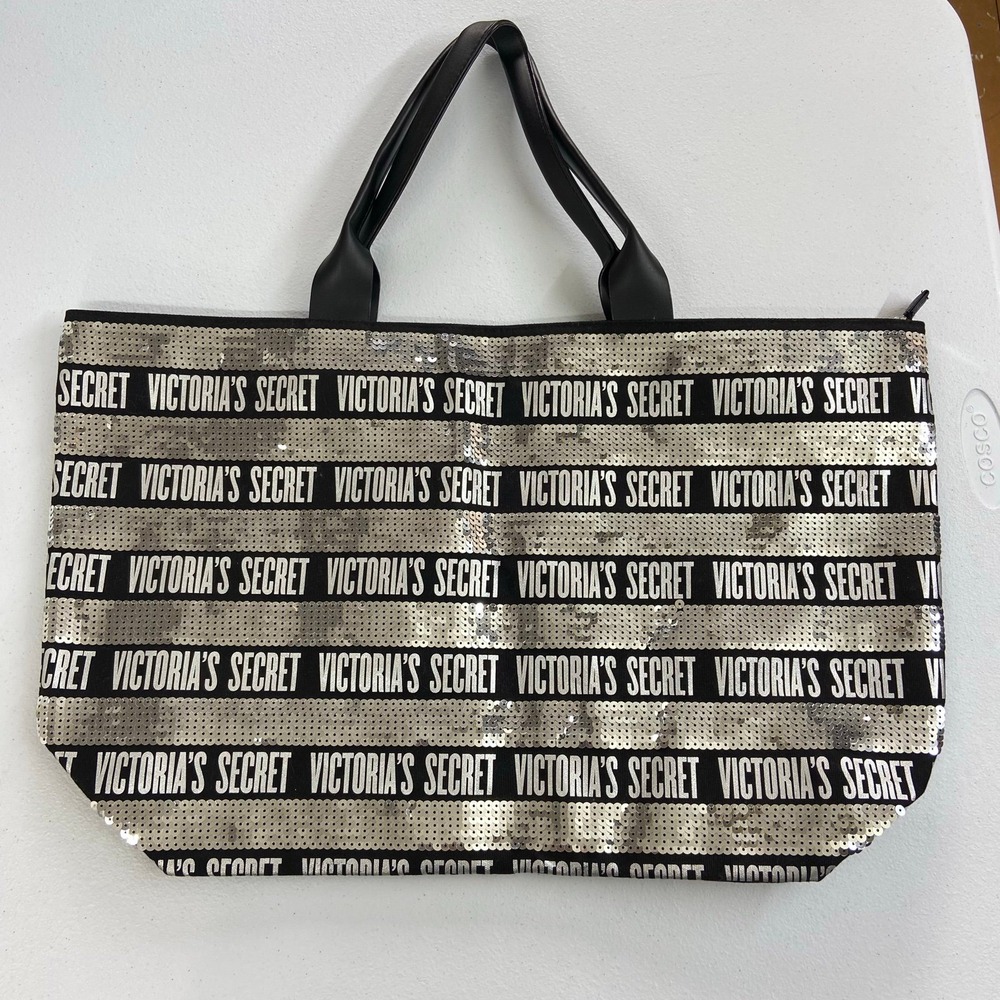 Victoria's Secret black‎ silver sequin striped large tote bag purse zip lined